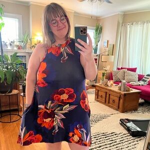 Anthropologie Maeve purple mini dress with vibrant tropical print w/pockets L